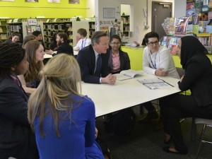 David Cameron visits the Harris Academy Bermondsey where he meets with students and teachers.